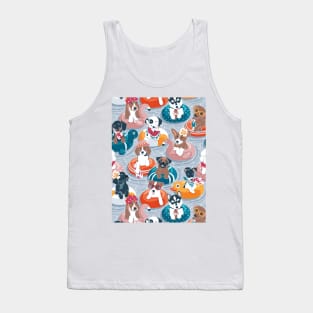 Summer pool pawty // pastel blue background dog breeds in vacations playing on swimming pool floats Tank Top